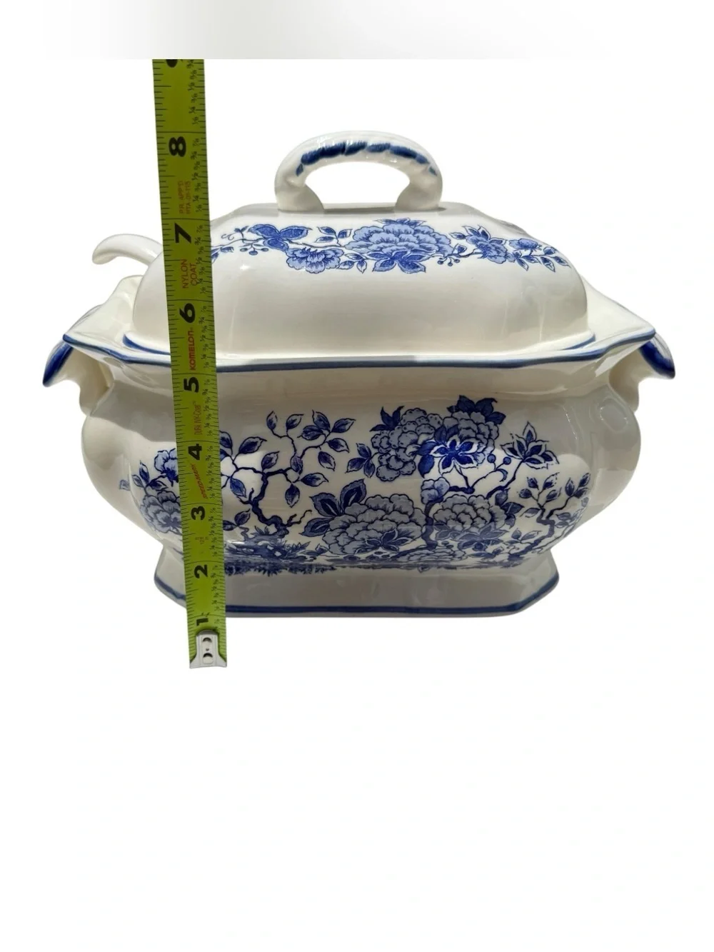 Vintage Blue White Chinoiserie Soup Tureen Ladle Lidded Serving Bowl Floral